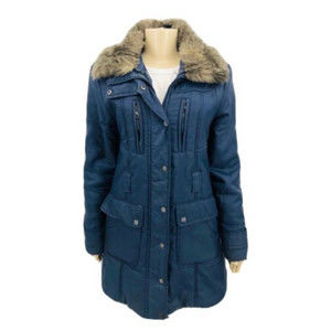 STEVE MADDEN denim blue parka, removable faux fur collar, EUC, size large